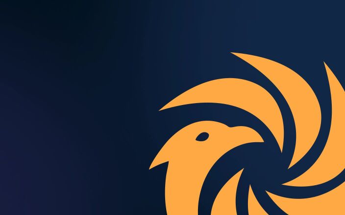 Dark blue background with a large phoenix logo to the bottom left in yellow