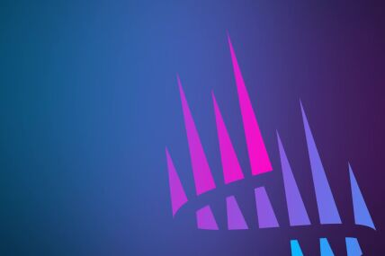 A blue and purple gradient background featuring the Aurora investment logo at the centre made up of multiple different sized triangles in gradients of pink, purple and blue in a waved shape.